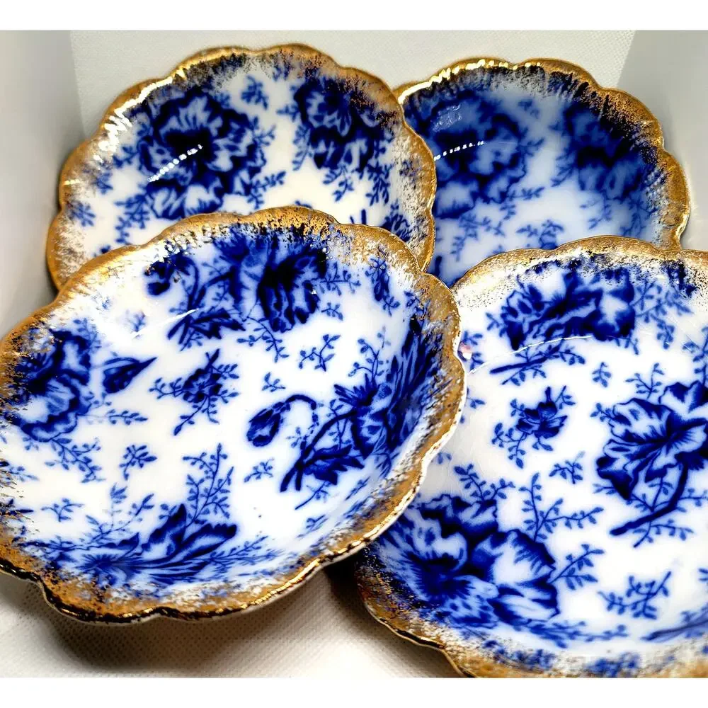 Antique Warwick Flow Blue Pansy Pattern 4 Dessert Bowls Gold Gilt Scalloped Edge